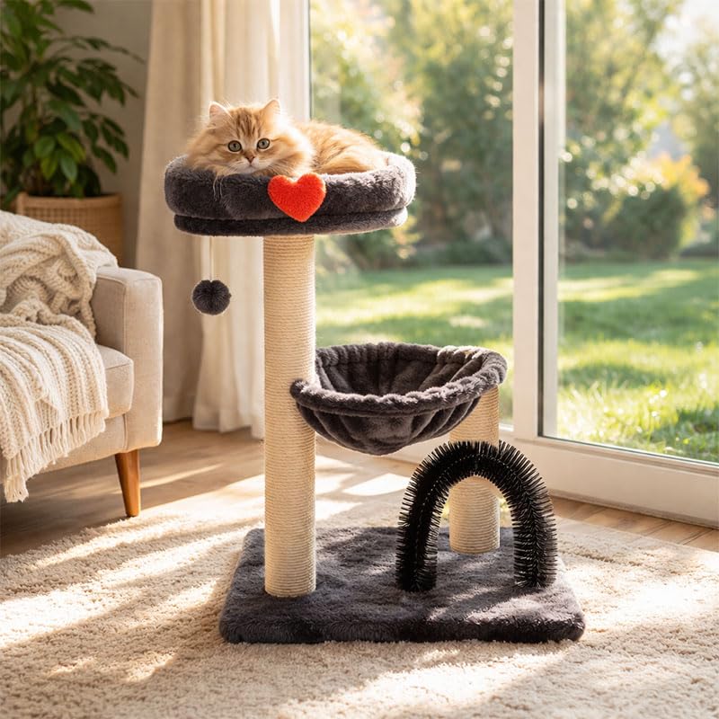 Simple Deluxe 27.8" Small Cat Tree Tower for Indoor Cats, Multi-Level Cute Cat Tree with Scratching Post| Plush Hammock| Perch| Replaceable Cover| Groomer Brush| Dangling Ball for Kittens Play & Rest - color: Smoky Gray & Heart