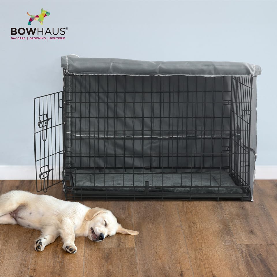 BOWHAUS 30-Inch Single Door Dog Crate Kit Includes Crate Cover and Soft Dog Bed, Indoor Dog Cage with Leak-Proof Pan, Foldable Wire Metal Dog Kennel for Small, Medium Dog - size: 18.5"L x 30.3"W x 18.5"H