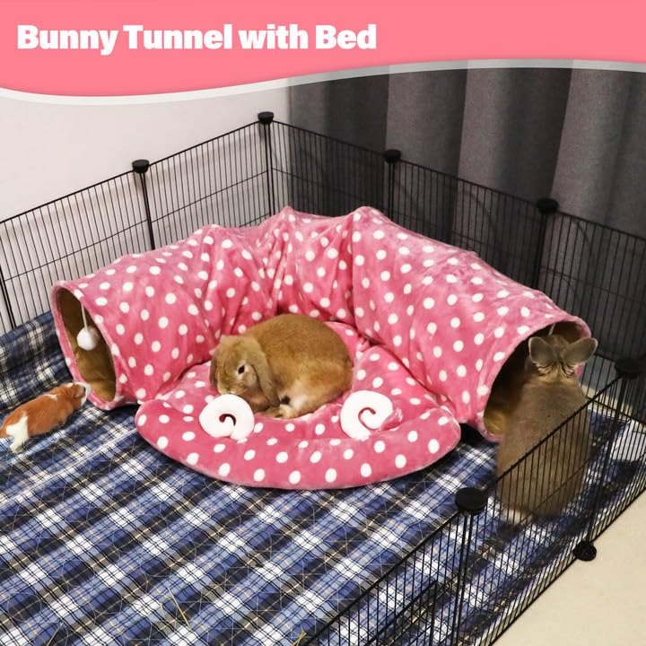 BWOGUE Bunny Tunnel Bed, 2-in-1 Collapsible Tunnel Tubes Toys with Removable Mat Hideout for Cats Kittens Rabbits Guinea Pigs Kitty - color: Pink