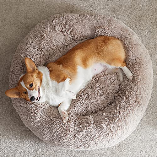WNPETHOME Calming Dog Bed Cat Bed Donut, Faux Fur Pet Bed Self-Warming Donut Cuddler, Comfortable Round Plush Dog Beds (30 x 30 x 10 Inch, Brown) - color: Brown, size: 30"L x 30"W x 10"Th