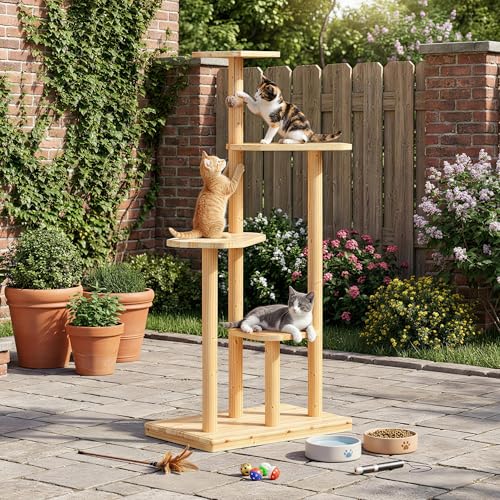 Outdoor Cat Tree, 60" Tall Cat Tower Weatherproof for Patio,Balcony,Garden, Durable 4-Tier Natural Wood w/Scratching Posts for Multiple Cats,Outside&Indoor Adult Cats and Kittens Play, Climbing
