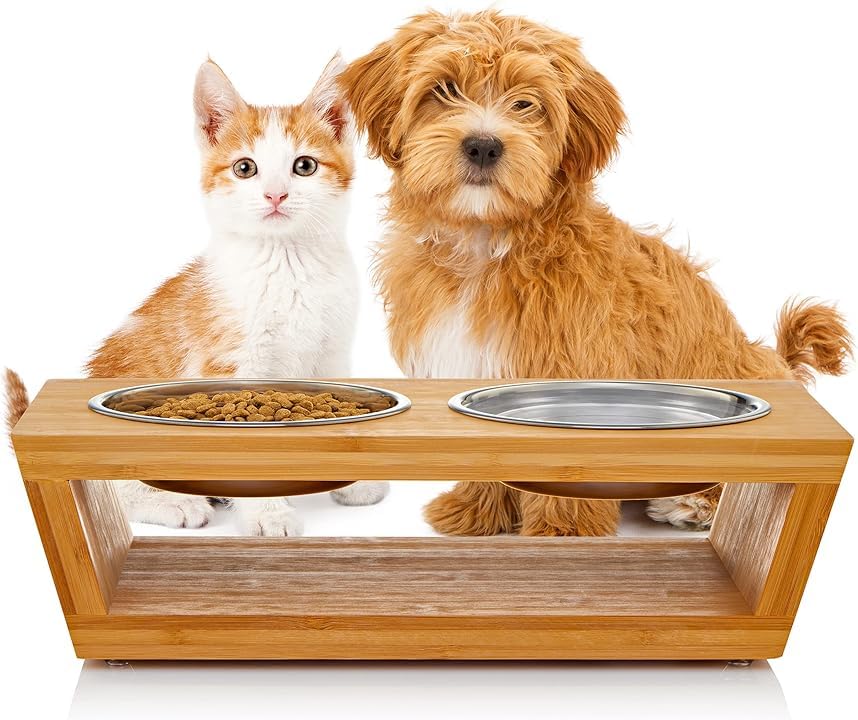 4" Tall Elevated Dog Bowls for Small Dogs, Food and Water Bowl Set by Pawfect Pets (Natural Bamboo) - color: Bamboo