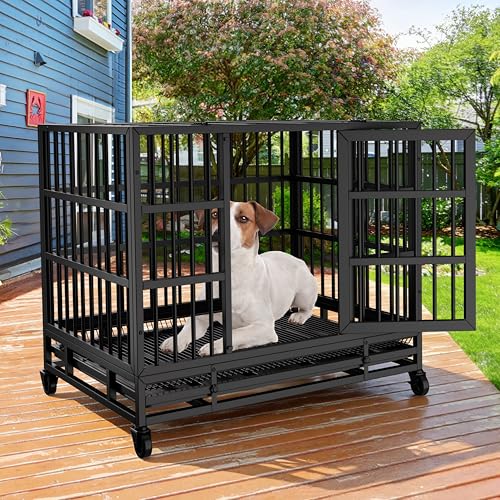 JY QAQA 48/38 Inch Heavy Duty Indestructible Dog Crate Double Doors Escape Proof Cage Kennel,Enhanced Metal Pet Cage,Extra Large XL XXL Crate Indoor for Large Dog with Removable Tray,Lockable Wheels - size: 48.8"x 29.9"x 35.6"(XL)