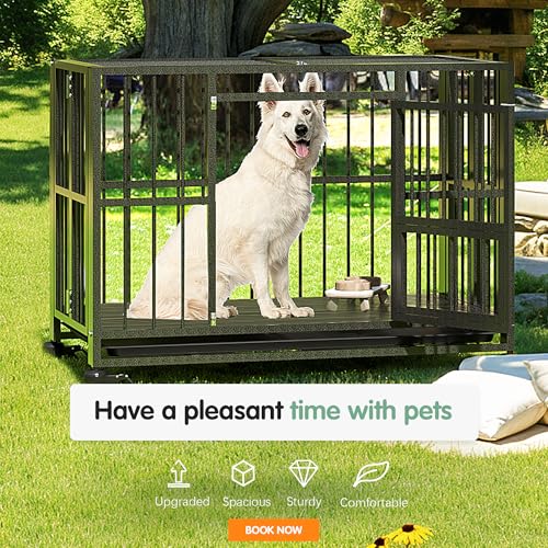 Heavy Duty Dog Crate, Indestructible Large Dog Crate with Escape Proof, High Anxiety Dog Kennel Indoor with Lockable Wheels. (43in) - size: 43in