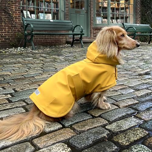 Dachshund Raincoat - Waterproof & Windproof Dog Jacket for Long Weiner Dogs, Adjustable Fit, Harness Hole - Yellow, Medium - size: Medium