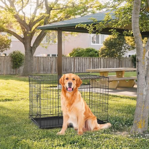 48 Inch Dog Crates for Large Dogs Folding Dog Cage Metal Wire Crates Portable Pet Kennels Outdoor and Indoor Pet Dog Cage Crate with Double-Door, Divider Panel, Removable Tray, Black