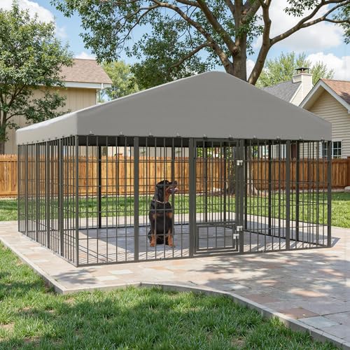 Kullavik 10x10x6 FT Large Outdoor Dog Kennel,Anti-Rust Galvanized Steel Dog Pen with Feeding Door & Double Locks,Heavy Duty Dog Enclosure Fence with UV-Resistant Waterproof Cover for Outside - size: 117"L x 119"W x 75"H