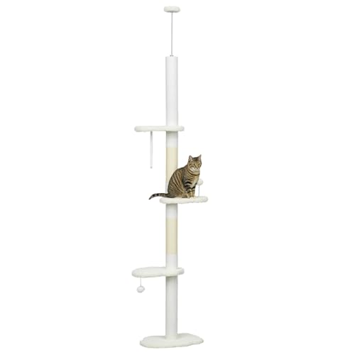 PawHut Floor to Ceiling Cat Tree with Scratching Posts, 88.5"-100.5" Adjustable Height, Cat Climbing Tower with Cloud Shape Platforms, Toy Balls, Anti-toppling Device, White