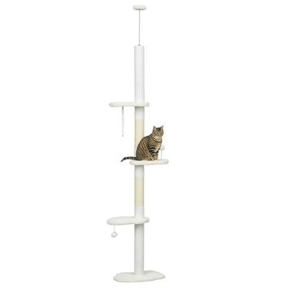 PawHut Floor to Ceiling Cat Tree with Scratching Posts, 88.5"-100.5" Adjustable Height, Cat Climbing Tower with Cloud Shape Platforms, Toy Balls, Anti-toppling Device, White