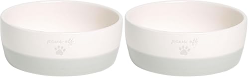 Pearhead Paws Off Ceramic Cat Bowl, Holds 1.3 Cups, Small Food and Water Bowl for Cats, Pet Dish, Microwave and Dishwasher Safe (Pack of 2) - color: Gray "Paws Off", size: Bowl Set