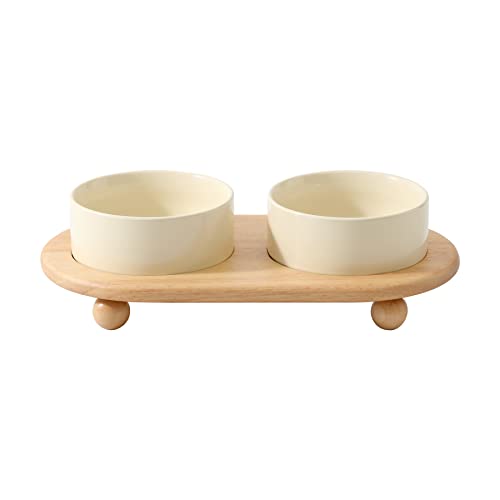 Havniva Raised Cat Bowls Water Bowl 5.1” Elevated Ceramic Cat Food and Water Bowl Whisker Friendly Pet Food Bowls for Indoor Cats, Wide Cat Water Dish Prevent Whisker Fatigue Non Slip Cat Feeder - color: 2 x Bowl + Stand - Light Yellow