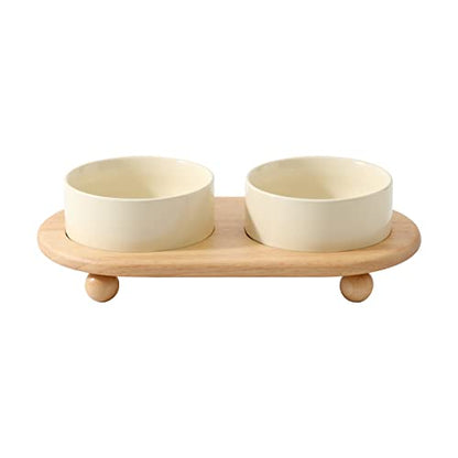 Havniva Raised Cat Bowls Water Bowl 5.1” Elevated Ceramic Cat Food and Water Bowl Whisker Friendly Pet Food Bowls for Indoor Cats, Wide Cat Water Dish Prevent Whisker Fatigue Non Slip Cat Feeder - color: 2 x Bowl + Stand - Light Yellow