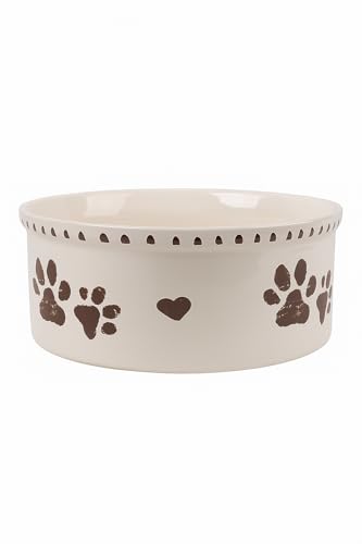 Ceramic Dog Bowl 55oz Heavy Duty Pet Food and Water Bowl for Medium Large Dogs Non Slip Weighted Dog Dish with Paw Print and Heart Design Easy to Clean - color: White-Paw