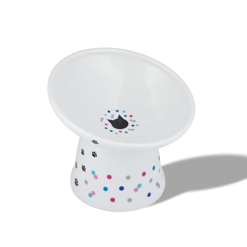 Necoichi Elevated Cat Food Bowl, Ceramic (Porcelain),15° Tilted, Whisker-Friendly, Dishwasher, Microwave Safe, Non-Slip, Anti-Vomiting, Neck Fatigue (Colorful Dots, Extra Wide Tilted, 1.5Cup Cap.) - color: Colorful Dots, size: Large Extra Wide Tilted (1.5