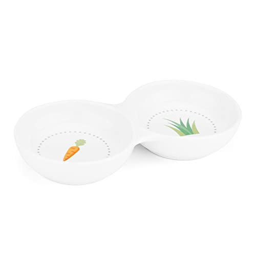 Navaris Double Food Bowl for Small Animals - Ceramic Food Bowls for Rabbits, Guinea Pigs, Small Pets - Rabbit Water Dish - Carrot and Grass Design - color: White