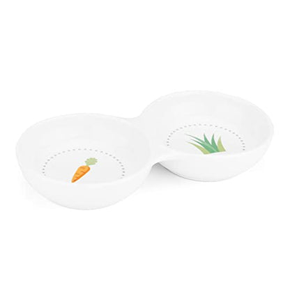 Navaris Double Food Bowl for Small Animals - Ceramic Food Bowls for Rabbits, Guinea Pigs, Small Pets - Rabbit Water Dish - Carrot and Grass Design - color: White
