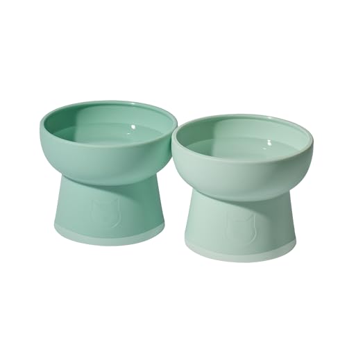 Necoichi 2pcs Elevated Cat Water Bowls with Measurement – BPA-Free Plastic Raised Bowls to Reduce Whisker & Neck Fatigue – Dishwasher Safe – Non-Slip, Anti-Vomiting (Ocean Mist) - color: Blue Green and Green (Ocean Mist)
