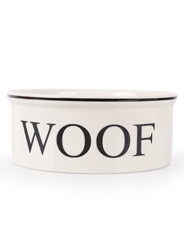 Ceramic Dog Bowl with Bone Pattern - 8" Extra Large Food Water Bowl for Medium and Large Dogs, Weighted, Microwave & Dishwasher Safe, 55 oz (Beige) - color: Off-white