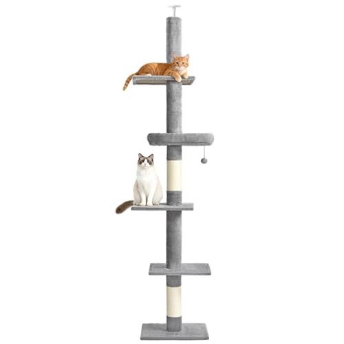 Floor to Ceiling Cat Tree, Cat Tower with Adjustable Height 98-110 Inches, 5 Tiers Tall Cat Tree Floor to Ceiling with Cozy Bed,Platforms, Sisal Scratching Posts for Cats, Soft Gray - color: Soft Gray