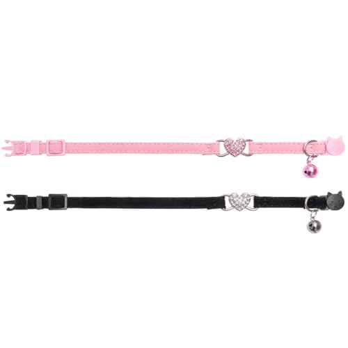 BINGPET Cat Collar Breakaway with Bell, Pack of 2 Heart Bling Collar Safety with Soft Velvet Adjustable for Kittens - color: Heart (Pink + Black)-2pcs