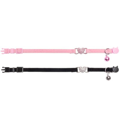 BINGPET Cat Collar Breakaway with Bell, Pack of 2 Heart Bling Collar Safety with Soft Velvet Adjustable for Kittens - color: Heart (Pink + Black)-2pcs