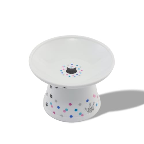 Necoichi Elevated Cat Food Bowl, Ceramic (Porcelain), Whisker-Friendly, Dishwasher & Microwave Safe, Non-Slip Silicone Base, Anti-Vomiting & Neck Fatigue (Colorful Dots, Extra Wide, 2-Cups Capacity) - color: Colorful Dots, size: Large Extra Wide Flat (2 C