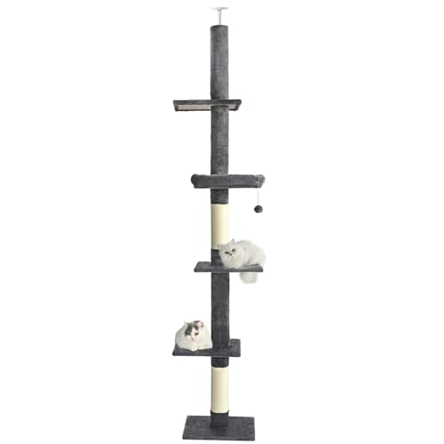 Floor to Ceiling Cat Tree, Cat Tower with Adjustable Height 98-110 Inches, 5 Tiers Tall Cat Tree Floor to Ceiling with Cozy Bed,Platforms, Sisal Scratching Posts for Cats Gray - color: Gray