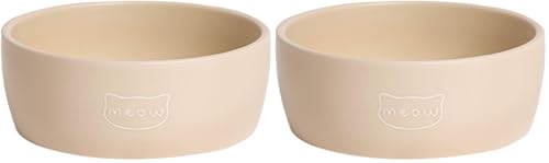 Pearhead Ceramic Cat Bowl – Neutral Taupe “Meow” Design, Holds 1.3 Cups, Stoneware Pet Dish, Whisker-Friendly Pet Feeding Bowl, Non-Skid, Small (Pack of 2) - color: Taupe "Meow", size: Bowl Set