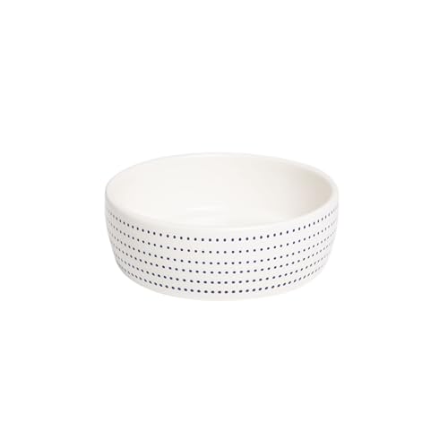 Pearhead Ceramic Cat Bowl for Food and Water, Whisker Fatigue Shallow Wide Cat Food Bowl, Heavyweight Non Slip Non Tip Pet Dish, Modern White Cat Bowl with Blue Dot Design - color: Navy Dots, size: Single Bowl