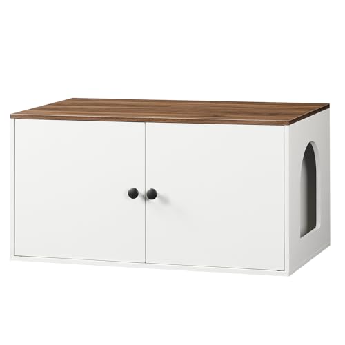 HOOBRO Cat Litter Box Enclosure, Hidden Litter Box Furniture with Side Entry, Litter Box Cabinet, Indoor Cat House, End Side Table, 31.5" L x 17.7" W x 16.3H, for Bathroom, White and Walnut WH40MW01 - color: White + Walnut