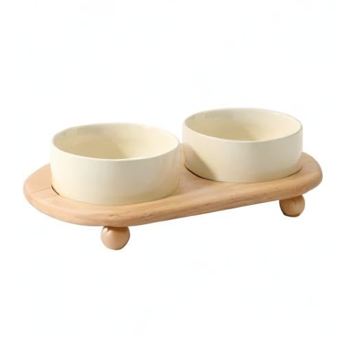Havniva Raised Cat Bowls Water Bowl 5.1” Elevated Ceramic Cat Food and Water Bowl Whisker Friendly Pet Food Bowls for Indoor Cats, Wide Cat Water Dish Prevent Whisker Fatigue Non Slip Cat Feeder - color: 2 x Bowl + Stand - Light Yellow
