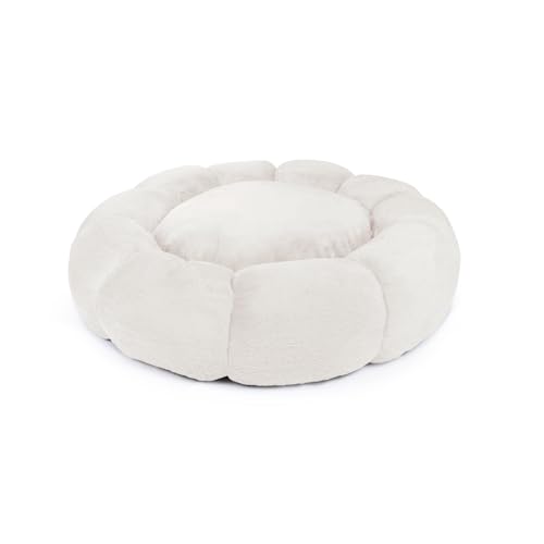 Sherry Kline Pets “Daisy Round” Donut Shape Calming Bed for Dogs and Cats, from Soft Faux Fur, Available in 4 Sizes, Machine Washable - color: Ivory, size: Medium