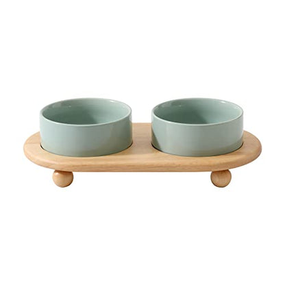 Havniva Raised Cat Bowls Water Bowl 5.1” Elevated Ceramic Cat Food and Water Bowl Whisker Friendly Pet Food Bowls for Indoor Cats, Wide Cat Water Dish Prevent Whisker Fatigue Non Slip Cat Feeder - color: 2 x Bowl + Stand - Light Green
