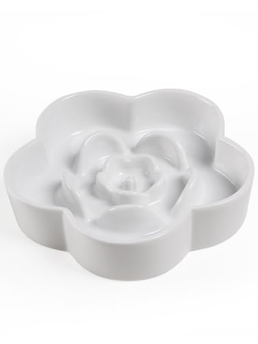 Ceramic Slow Feeder Dog/Cat Bowl, Anti-Choking Slow Food Bowls, 8" 11.3oz Slow Feeder for Medium, Large Breeds, Plum Puzzle Design, Non-Slip Silicone, Dishwasher and Microwave Safe, White - color: White
