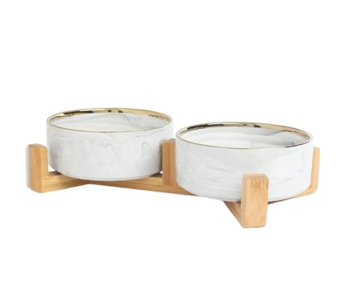 Ceramic Pet Bowl (Marble Design) Set of 2 with Stand, 2cups and 4 Cups Capacity (Marble Grey w/Gold, Small, 2 Cups per Bowl) - color: 1. S-Marble Grey Gold, Small, 2 cups per bowl