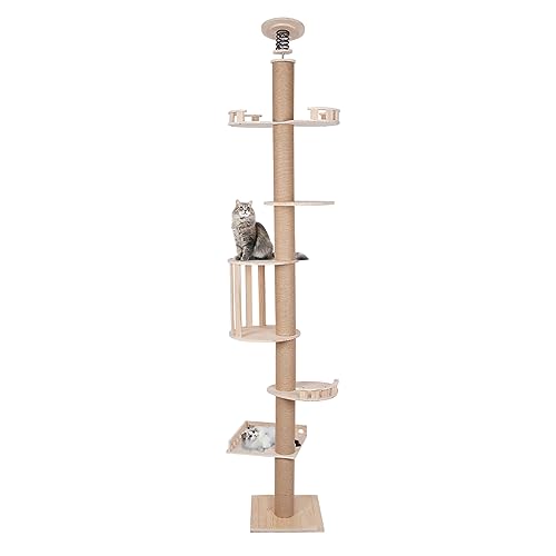 Modern Wooden Floor-to-Ceiling Cat Tree Tower, with Natural Sisal Rope Scratching Post, Height 100.4-104.3 Inch, Activity Center Cat Climbing Tower for Kittens & Large Cats