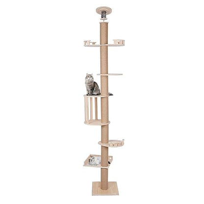 Modern Wooden Floor-to-Ceiling Cat Tree Tower, with Natural Sisal Rope Scratching Post, Height 100.4-104.3 Inch, Activity Center Cat Climbing Tower for Kittens & Large Cats