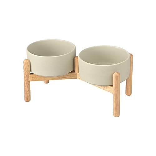 SPUNKYJUNKY Ceramics Raised Bowls with Wooden Stand - Elevated Dog Food and Water Bowl (Double 28.7OZ, Grey) - color: Grey (Double Bowls Set), size: Medium - 3.6 CUPS