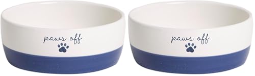 Pearhead Ceramic Paws Off Cat Bowl, Holds 1.3 Cups, Navy Blue and White Stoneware Dish, Non-Skid Feeding Bowl, Microwave and Dishwasher Safe, Small (Pack of 2) - color: Navy Paws Off, size: Bowl Set