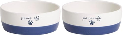 Pearhead Ceramic Paws Off Cat Bowl, Holds 1.3 Cups, Navy Blue and White Stoneware Dish, Non-Skid Feeding Bowl, Microwave and Dishwasher Safe, Small (Pack of 2) - color: Navy Paws Off, size: Bowl Set