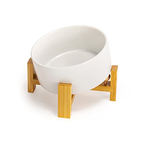 SPUNKYJUNKY 15° Slanted Ceramic Dog Bowl with Elevated Bamboo Stand - Tilted Pet Feeder for French Bulldog Pugs No Slip Anti-Vomiting for Cat Medium Dog Flat Face Pets 28.7 OZ (3.6 Cups, White) - color: White, size: 3.6 CUPS × 1