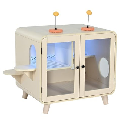 Merax Cat Hidden Litter Box Enclosure with RGB LED Light – Retro TV-Style Cat House Cabinet with Stairs, Pom-Pom Toys, Litter Leak Walkway & Glass Doors for Living Room,Beige - color: Beige