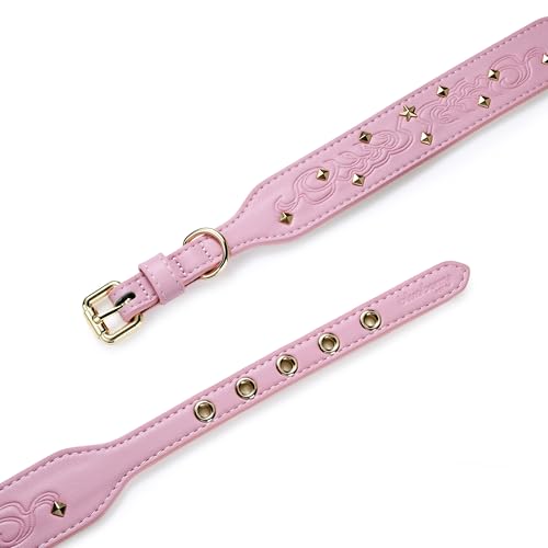 Blueberry Pet Premium Embossed Pink Glam Silver-Powered Freshness Microfiber Leather Dog Collar with Gold Studs - color: Pink, size: Small
