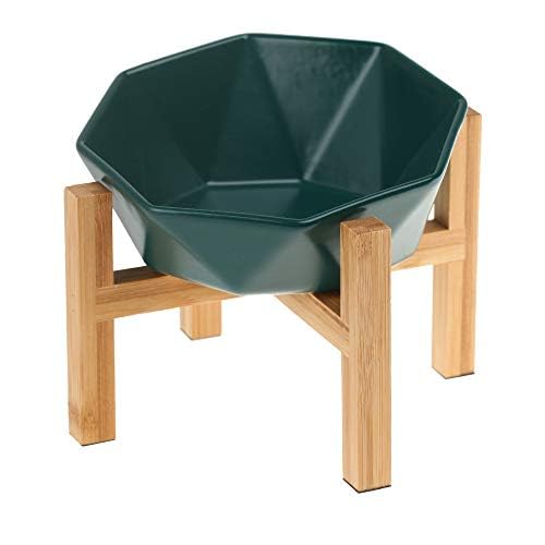 Green with Stand Ceramic Tilted Elevated Raised Pet Bowl with Bamboo Stand for Cats and Dogs No Spill Pet Food Water Feeder - color: Green with stand
