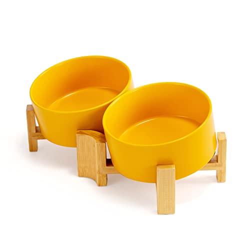 SPUNKYJUNKY 15° Slanted Ceramic Dog Bowl with Elevated Bamboo Stand - Tilted Pet Feeder for French Bulldog Pugs No Slip Anti-Vomiting for Cat Medium Dog Flat Face Pets 28.7 OZ (3.6 Cups, Yellow × 2) - color: Yellow, size: 3.6 CUPS × 2