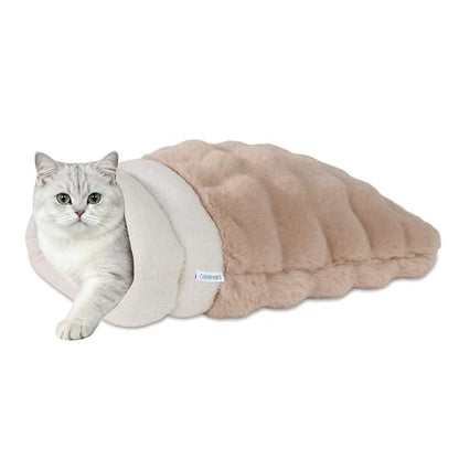4 in 1 Self Warming Burrow Cat Bed, Pet Hideway Sleeping Cuddle Cave (Style- Camel) - color: Style- Camel