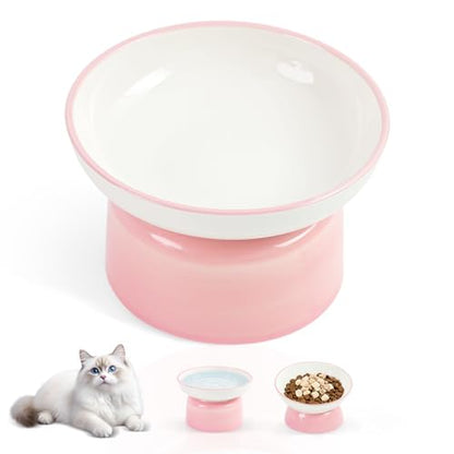 Cat Food Bowl, Ceramic Cat Bowls, Anti Whisker Fatigue Cats Bowl Set,Shallow Wide Kitten Plates for Food and Water (FenBai) - color: FenBai