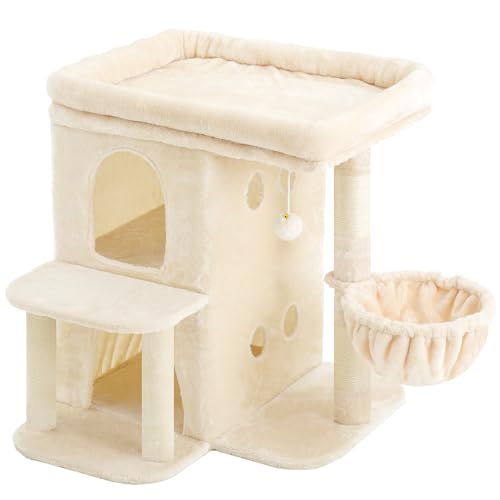 Heybly Cat Tree, 26.3-inch Cat Tower with Spacious Top Perch for Large Cats, Stair-Style Cat House Furniture with Dual-Layer Condos, Sisal Scratching Posts, Cozy Basket & Pompom, Beige HCT204SM - color: Beige, size: 26.3 inch