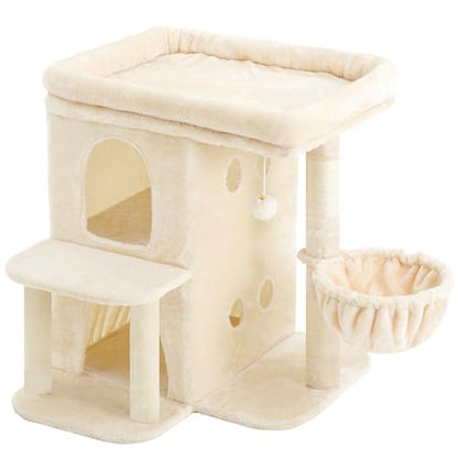 Heybly Cat Tree, 26.3-inch Cat Tower with Spacious Top Perch for Large Cats, Stair-Style Cat House Furniture with Dual-Layer Condos, Sisal Scratching Posts, Cozy Basket & Pompom, Beige HCT204SM - color: Beige, size: 26.3 inch