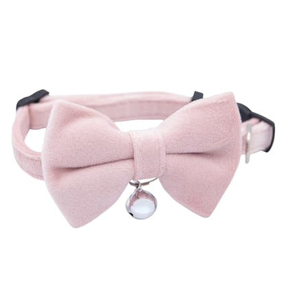 Velvet Bowtie Cat Collar with Bell – Adjustable Breakaway Pink Cat Collar for Adult Cats (7–11 in) - color: Pink